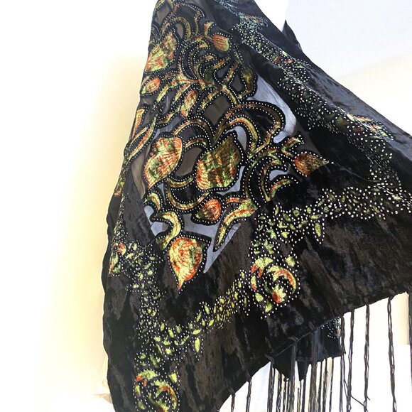 Black, Yellow, Green Floral and Filigree Embroidered Shawl - Picture 4 of 6